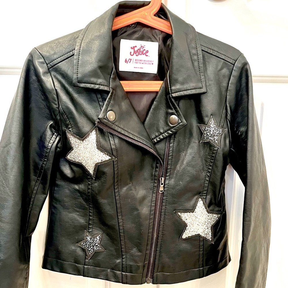 Justice Girls Size 6-7 Leather Look Zipper Biker Jacket with Glitter Stars